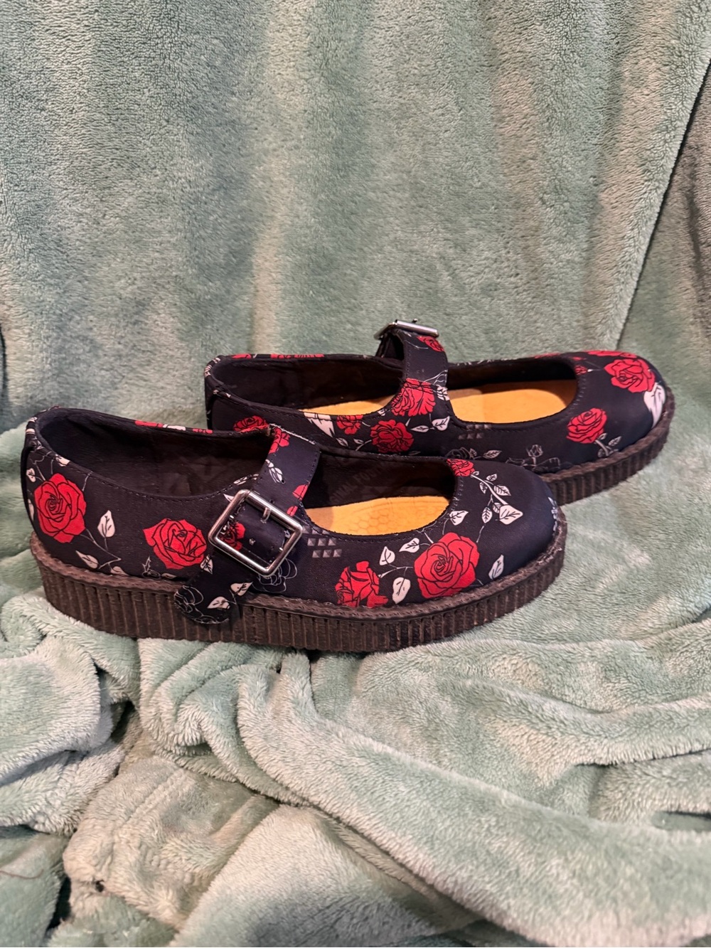 T.U.K Black Mary Jane Flats Creepers with Red Rose Print and Silver Buckle